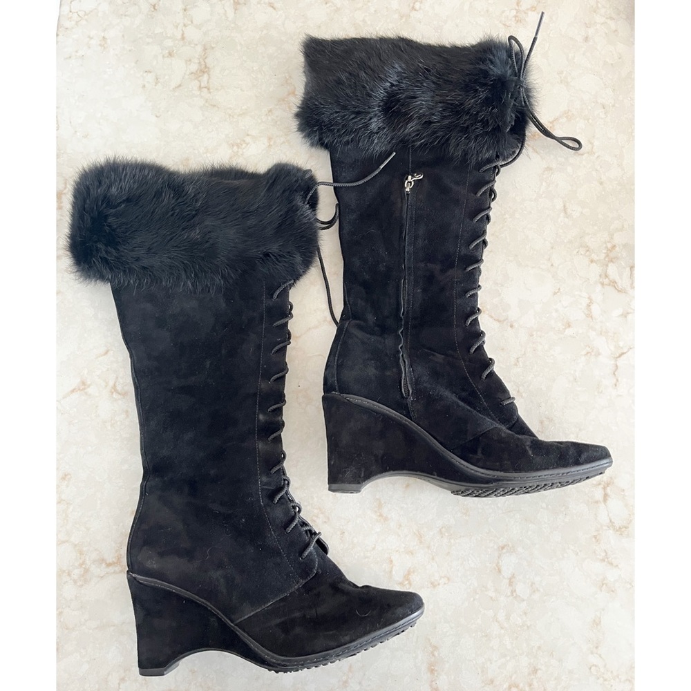 Rockport Black Suede & Faux Fur Laced Knee Boot 7